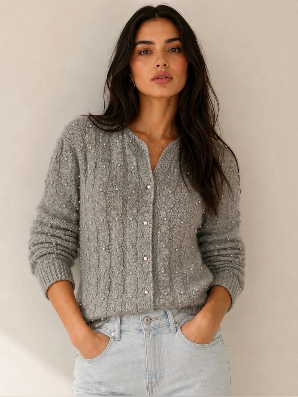 Yarnworks Grey Lambswool Angora Pearl Cardigan Sweater Small Vintage Cable Knit